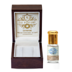 Elegant packaging and application of Sai Perfume's authentic Indian Mysore Sandalwood oil, revered globally for its creamy, buttery, and natural woody aroma.