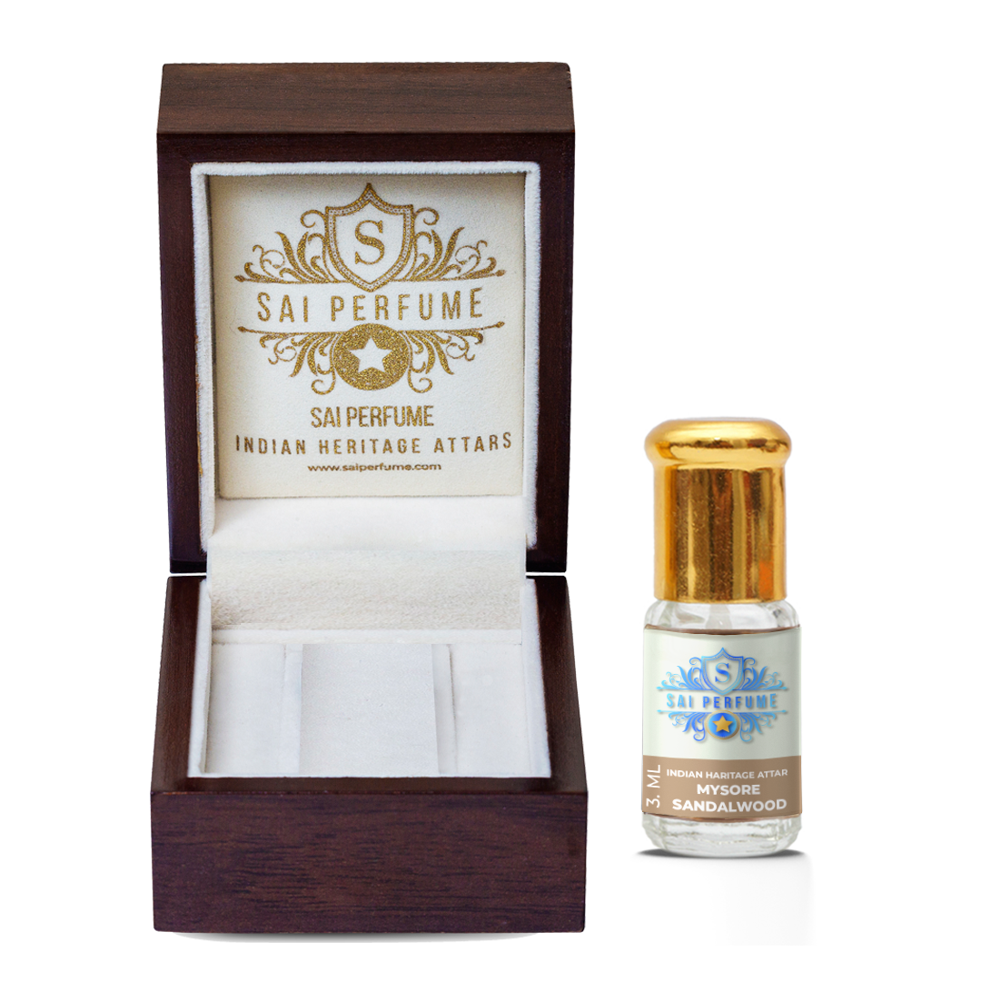 Elegant packaging and application of Sai Perfume's authentic Indian Mysore Sandalwood oil, revered globally for its creamy, buttery, and natural woody aroma.