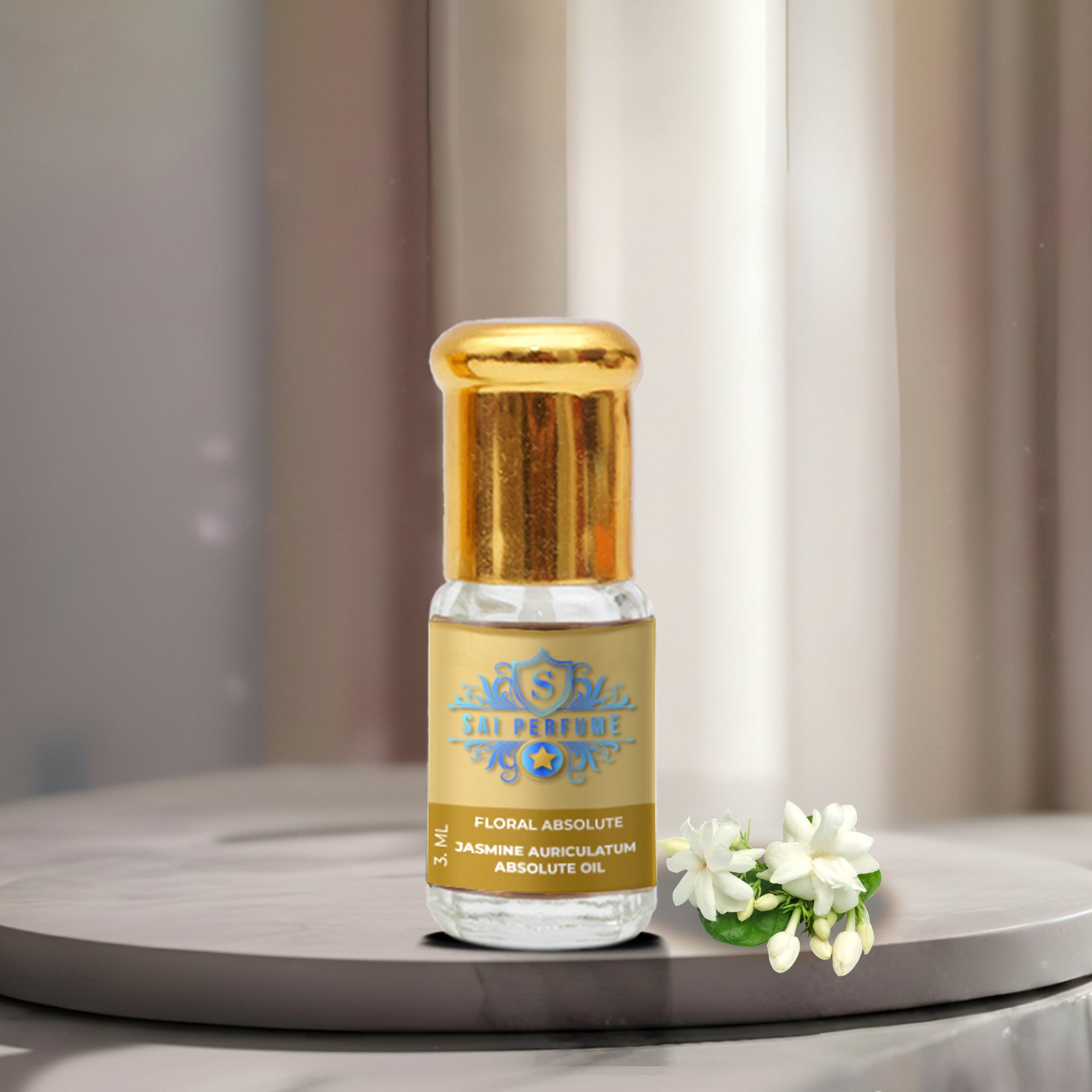 A luxurious vial of pure Jasmine Auriculatum Absolute Oil by Sai Perfume, gracefully surrounded by delicate, white Indian Juhi jasmine blossoms.