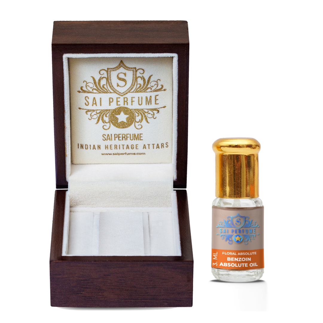 Elegant application of Sai Perfume's Benzoin Absolute, showcasing its warm, sweet aroma used as a premium fixative and vanilla substitute in natural perfumes.