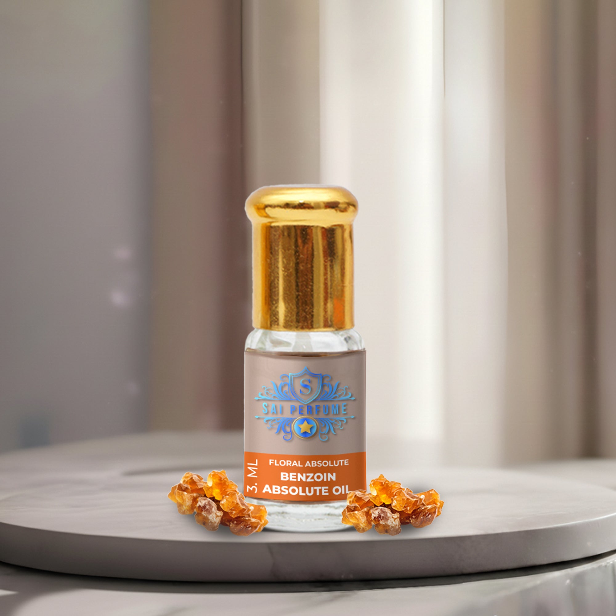 A luxury bottle of 100% Pure Benzoin Absolute Oil by Sai Perfume, highlighting the thick, rich, vanilla-like balsamic resin used in high-end perfumery.