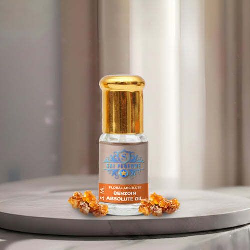 A luxury bottle of 100% Pure Benzoin Absolute Oil by Sai Perfume, highlighting the thick, rich, vanilla-like balsamic resin used in high-end perfumery.