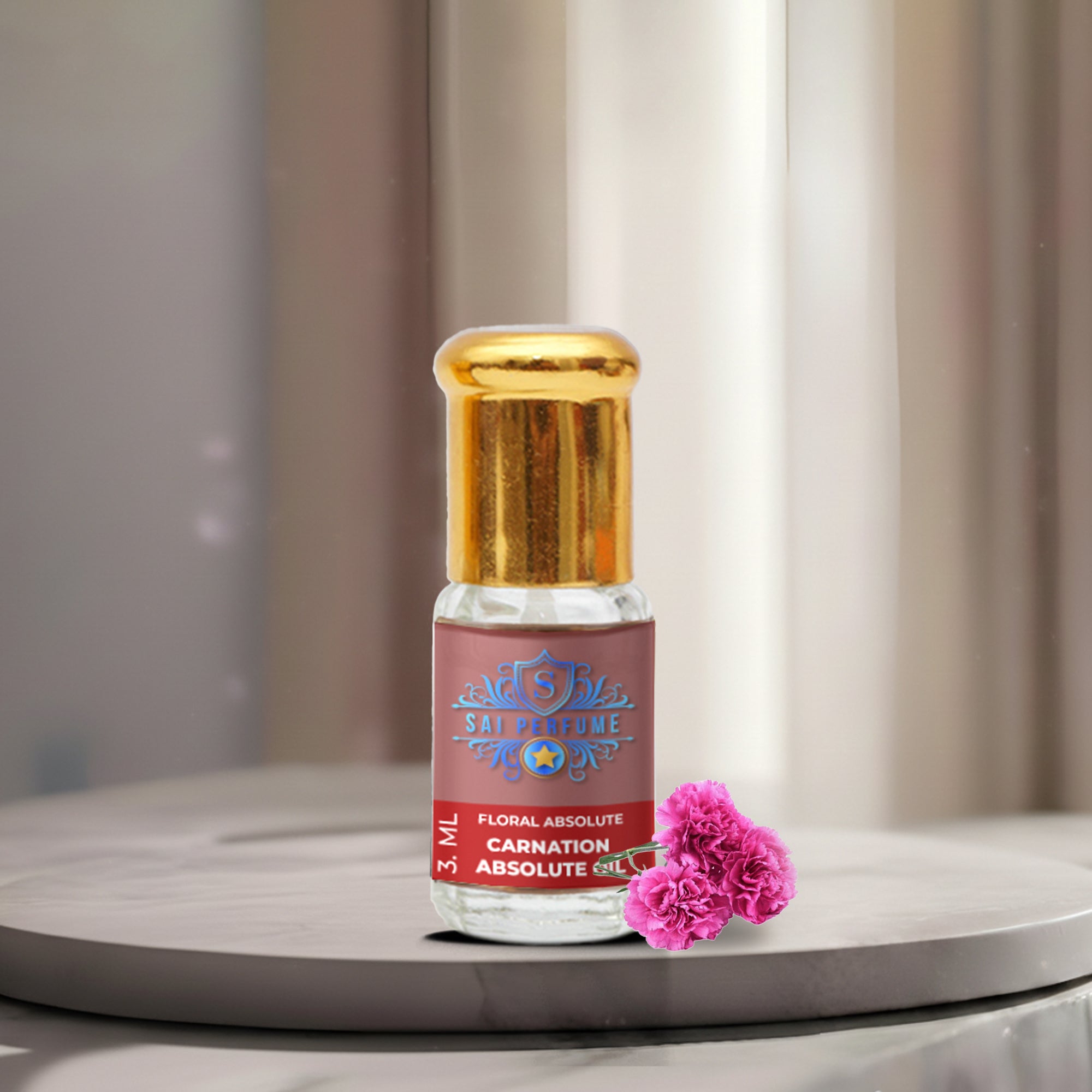 A premium glass bottle of pure Carnation Absolute Oil by Sai Perfume, showcasing the rich, golden-brown floral extract used in luxury perfumery.