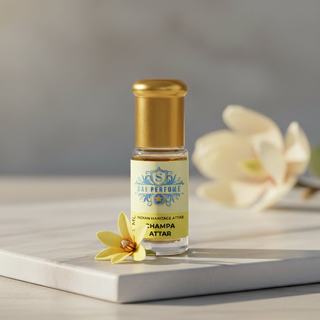 Pure Champa Attar perfume oil bottle by Sai Perfume, showcasing authentic Indian Champaca essential oil.