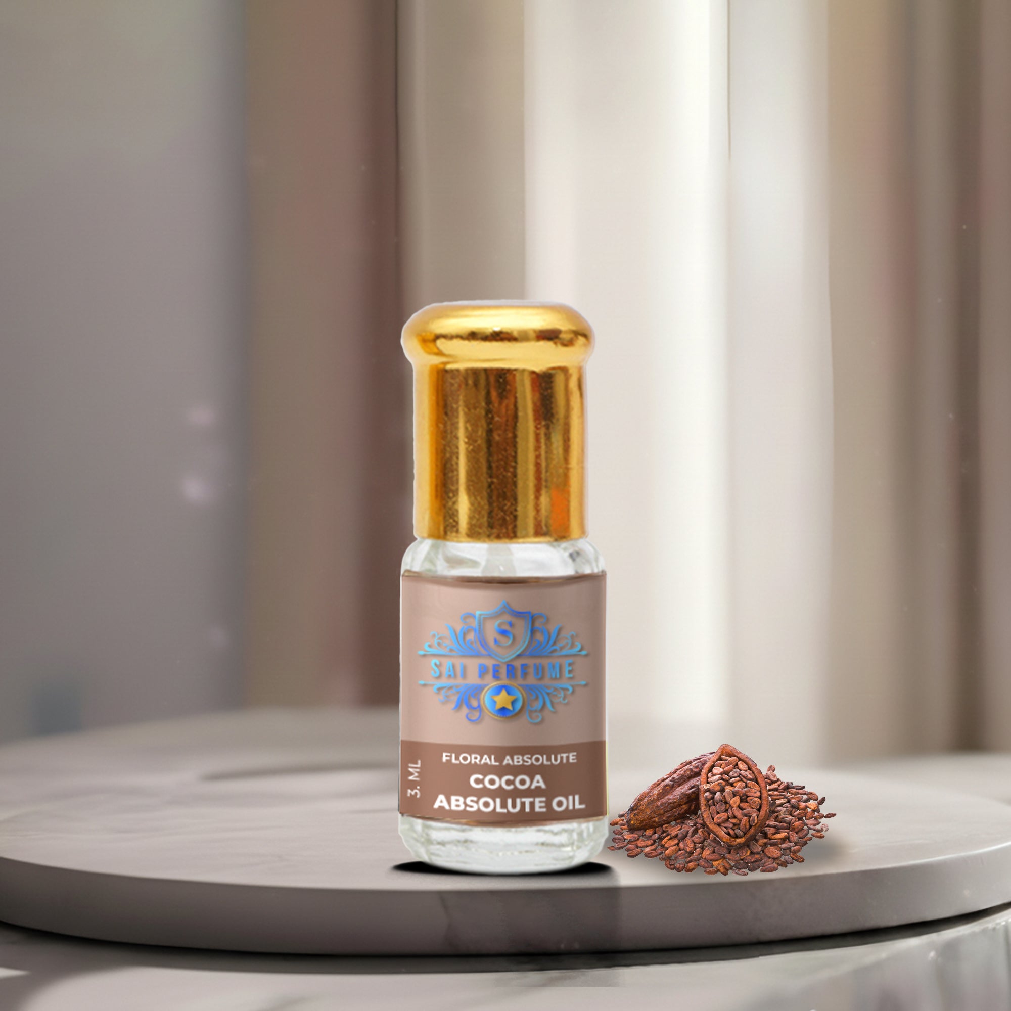 Rich, dark Cocoa Absolute Oil in a premium glass dropper bottle by Sai Perfume, resting on a bed of roasted raw Theobroma cacao beans.