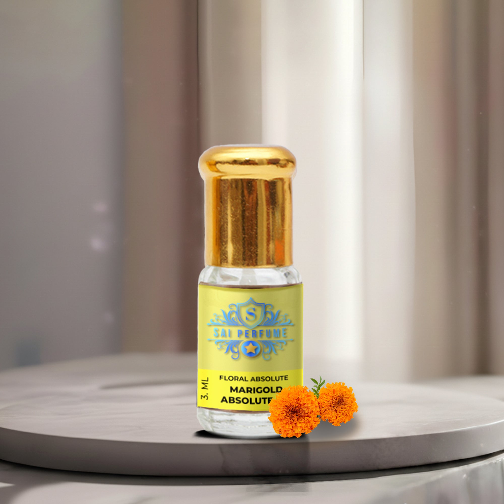 A premium glass vial of pure Marigold Absolute Oil by Sai Perfume, standing alongside vibrant, sun-drenched orange and yellow marigold blooms.