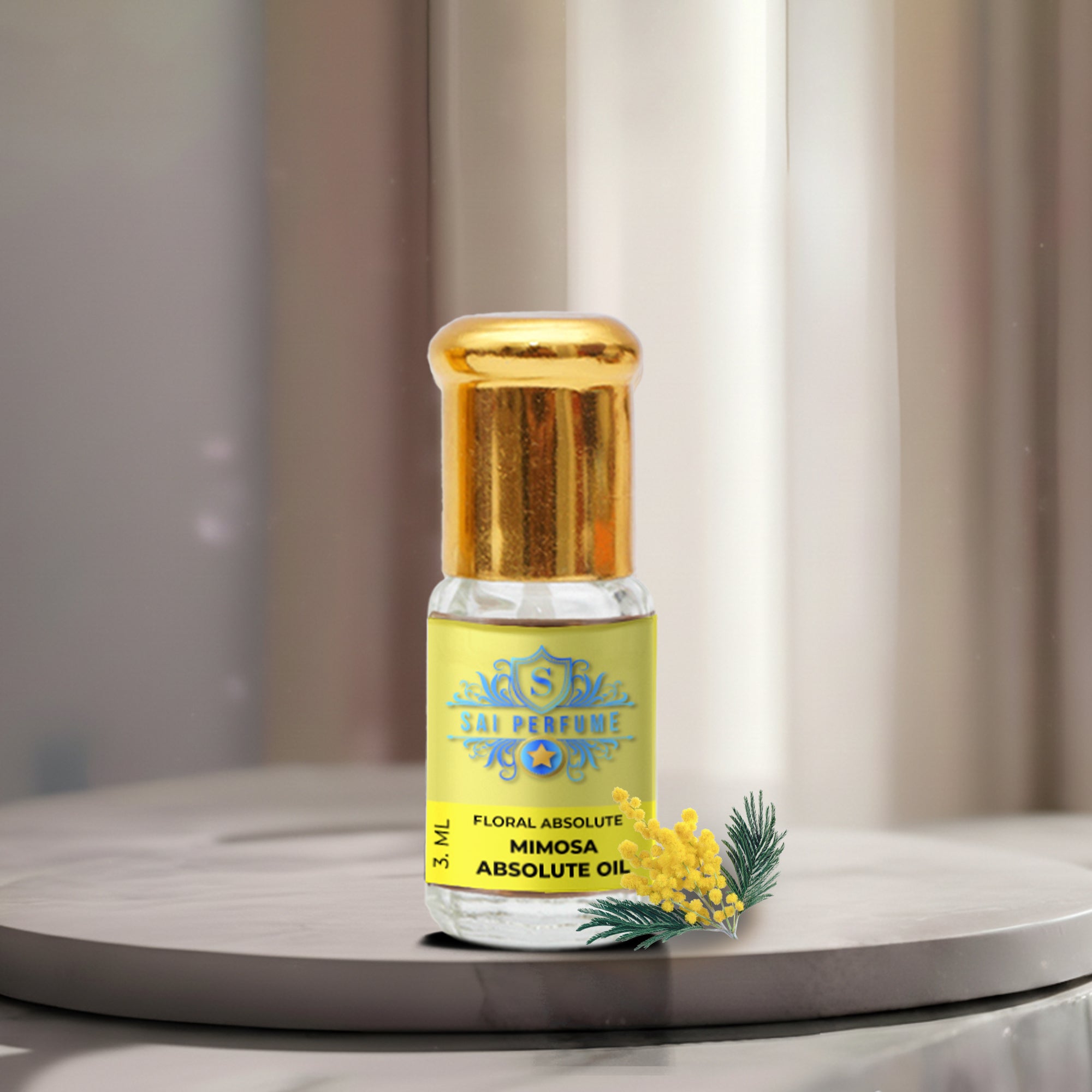 A premium glass vial of pure Mimosa Absolute Oil by Sai Perfume, gently resting on a bed of fluffy, golden-yellow Acacia dealbata blossoms.