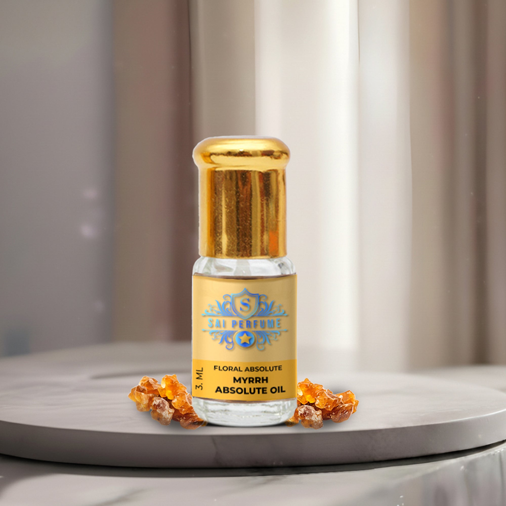 A premium glass vial of pure Myrrh Absolute Oil by Sai Perfume, surrounded by ancient, golden-brown Commiphora myrrha resin tears on a rustic stone surface.