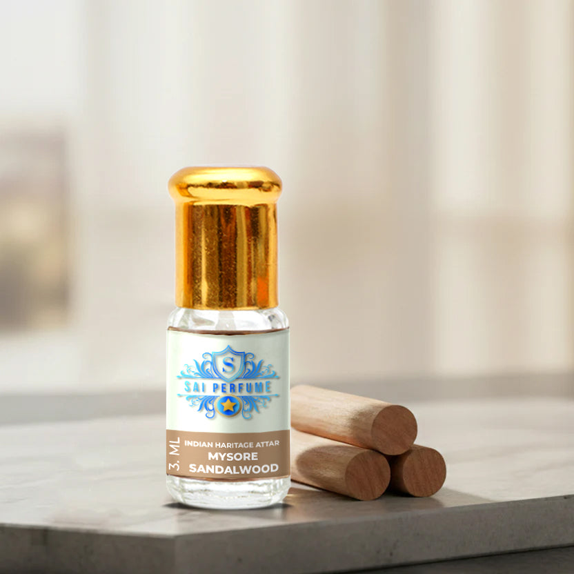 A luxury glass bottle of 100% Pure Mysore Sandalwood Attar Oil by Sai Perfume, showcasing authentic, golden Santalum album extract.
