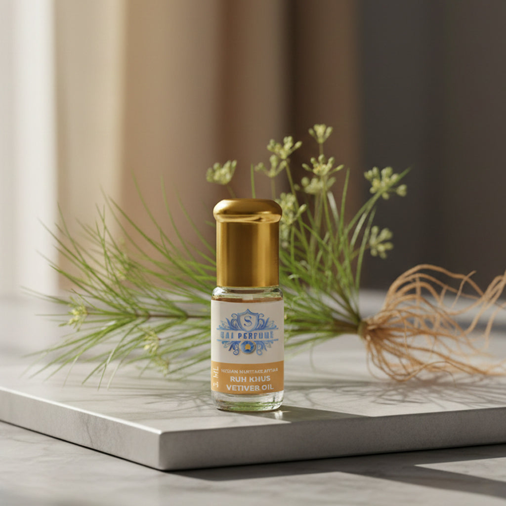 Bottle of pure Ruh Khus, a deeply earthy, 100 percent natural and alcohol-free wild vetiver perfume oil by Sai Perfume.